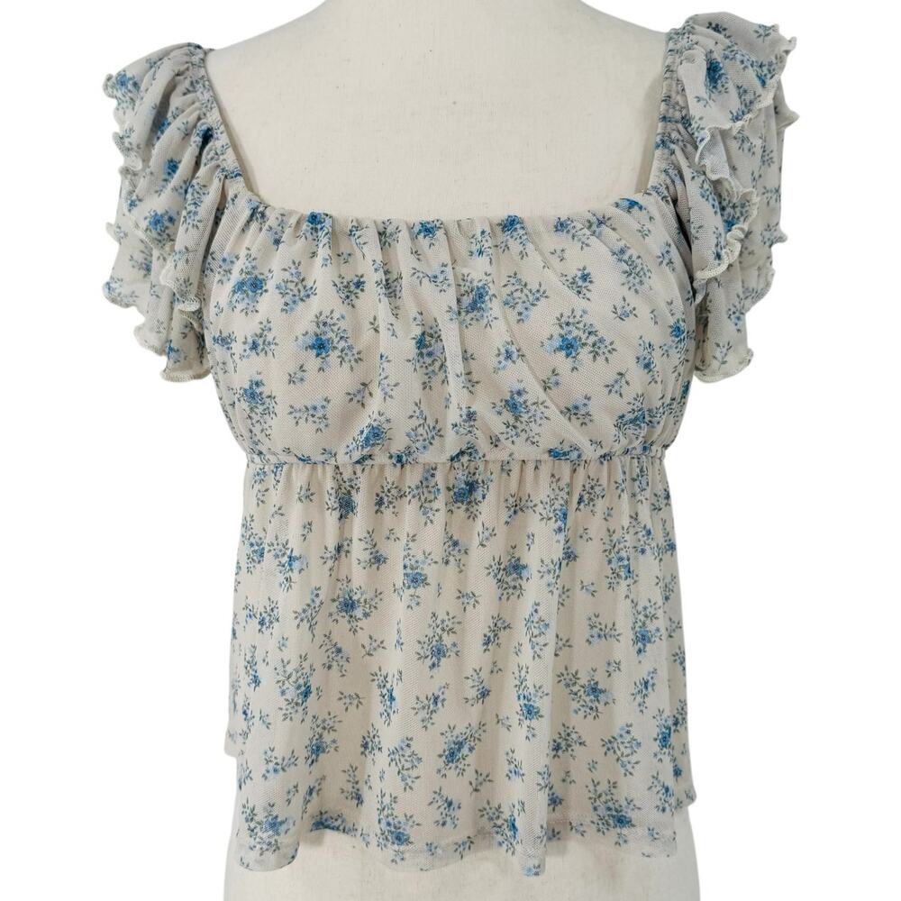Y2K Babydoll Floral Top Womens Size XS White Blue Milkmaid‎ Feminine Romantic